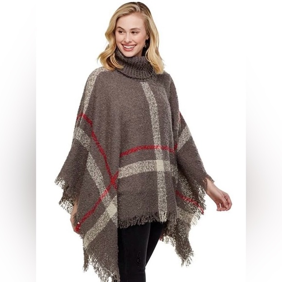 Willow Sweaters - 👗Mud Pie Cozy Turtleneck Poncho with Red and Gray Accents